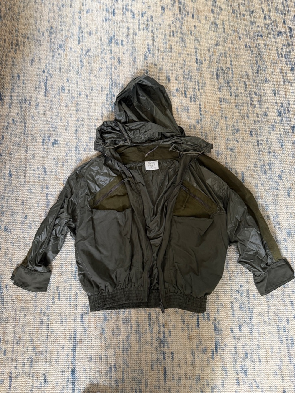 Hooded Dark Olive Green Rain Jacket with Zip Pockets and Faux Suede detailing